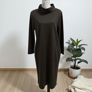 Appleseeds Petite PL Brown Maxi Dress Cowl Neck Long Sleeve Pockets Cotton Blend